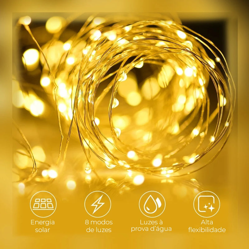 Corda de Luzes Solares LED 22m com 200 LEDs – Iluminação Decorativa à Prova d’Água para Jardim, Varanda e Natal